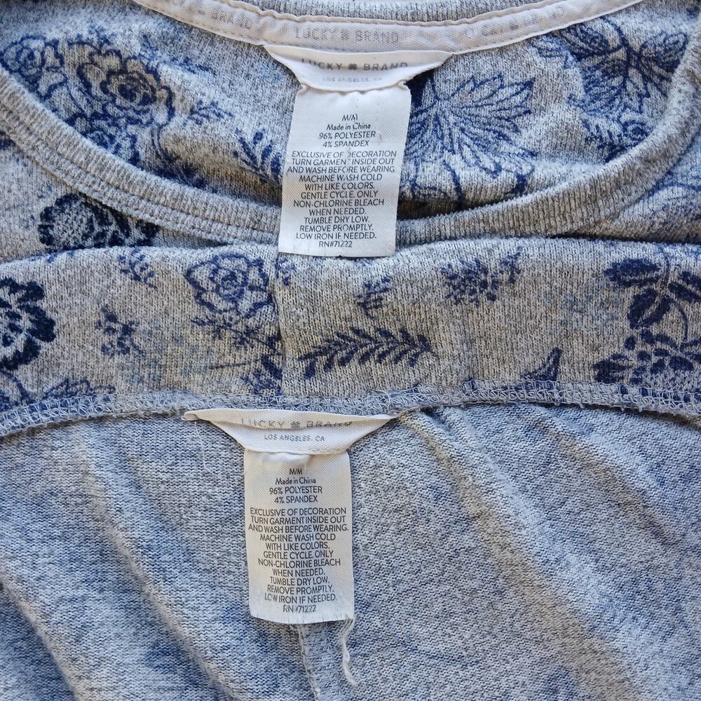 Lucky Brand Blue Floral Print Pajama Set M grey short sleeve tee lounge pants - Picture 3 of 12